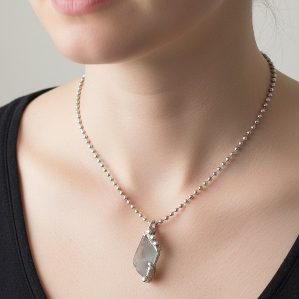 Green Fluorite Pendant Necklace With Artisan Metalwork Halo Bezel On Ball Chain - Picture 10 of 12